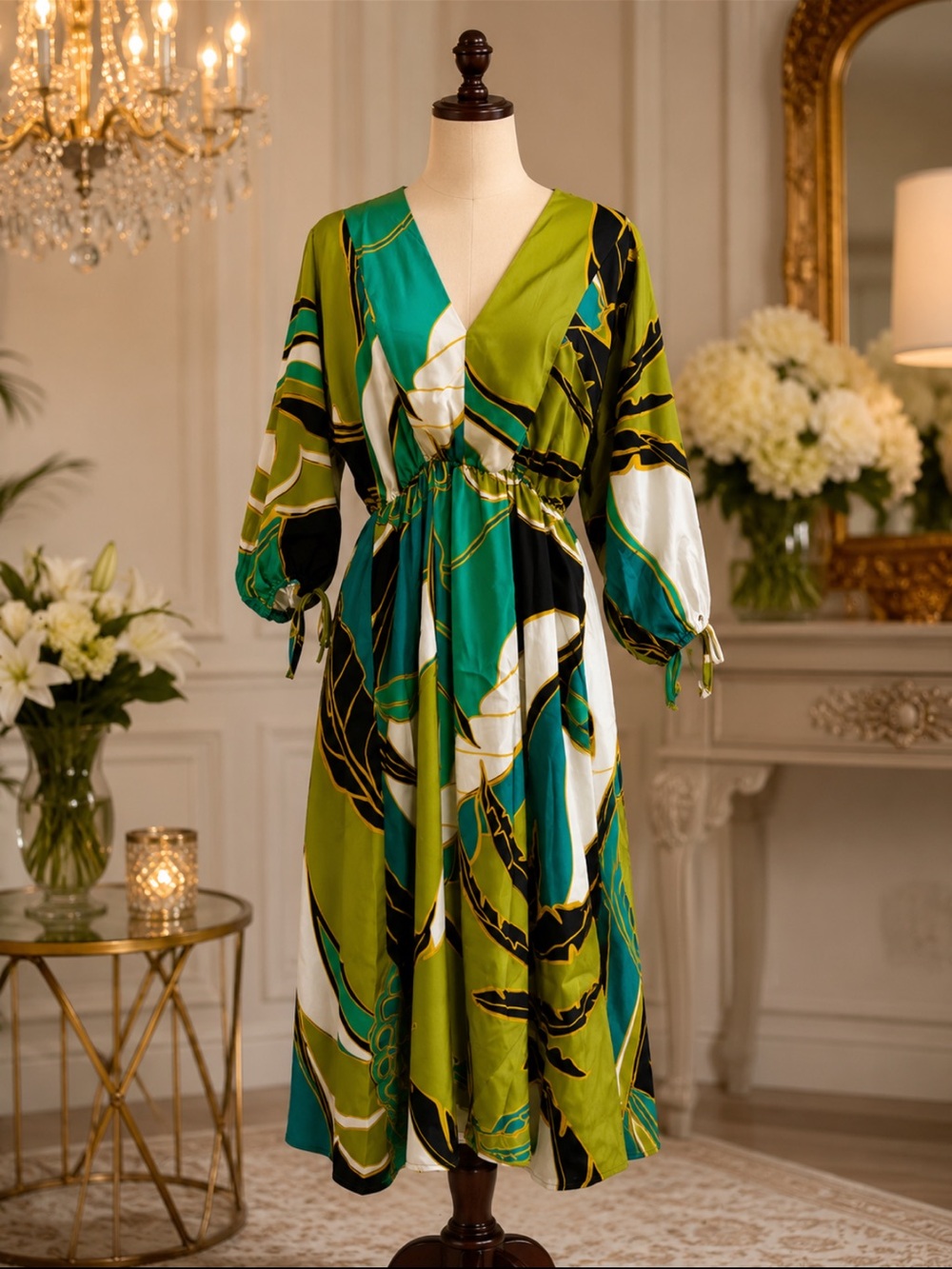 Elie Tahari Green Teal Black White Abstract Wrap Midi Dress